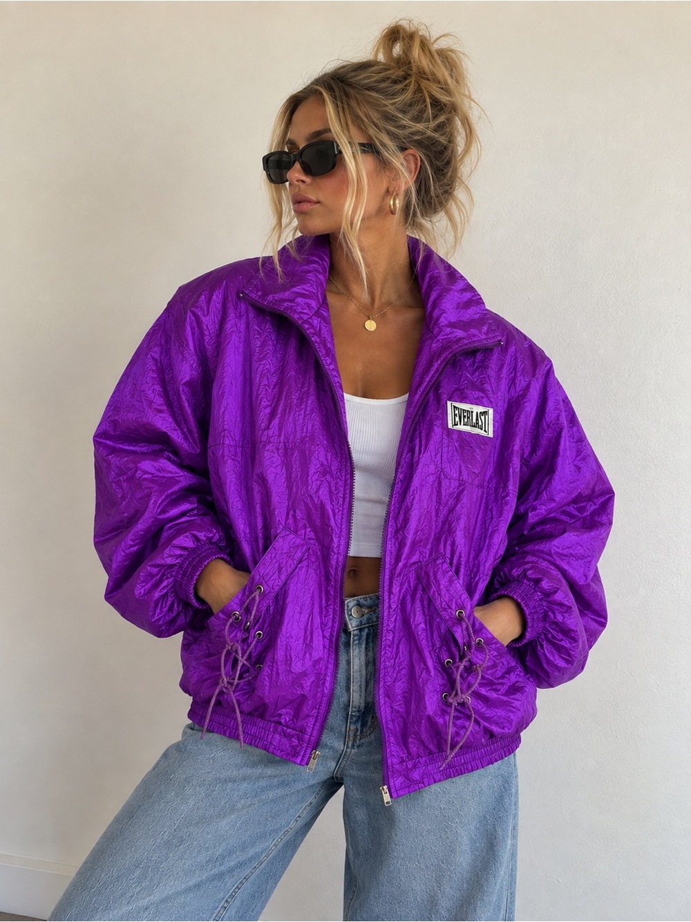 Vintage Everlast Purple Nylon Windbreaker Jacket 80s 90s Boxing Retro Womens L